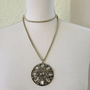 Vintage N R Avon medallion pendant and long necklace 36" Embedded Rhinestone